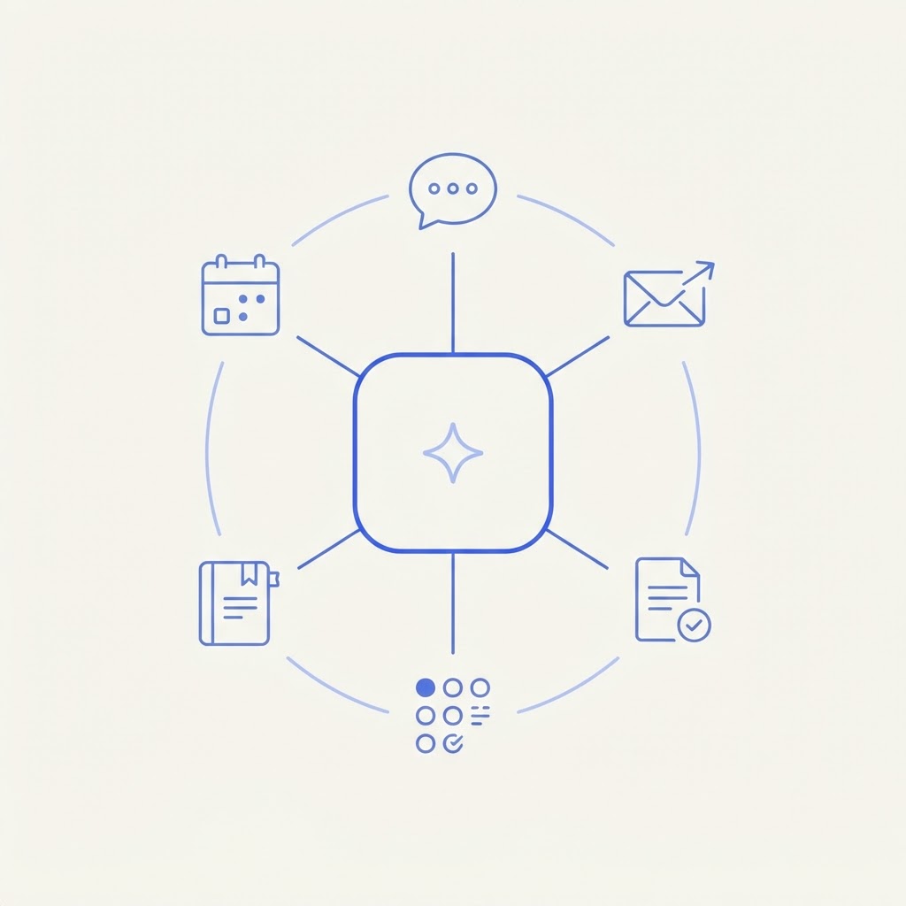 A central Claude node connected by thin lines to six surrounding app icons — chat, email, documents, CRM, notebook, and calendar — rendered as minimalist line icons with blue accents on a cream background.