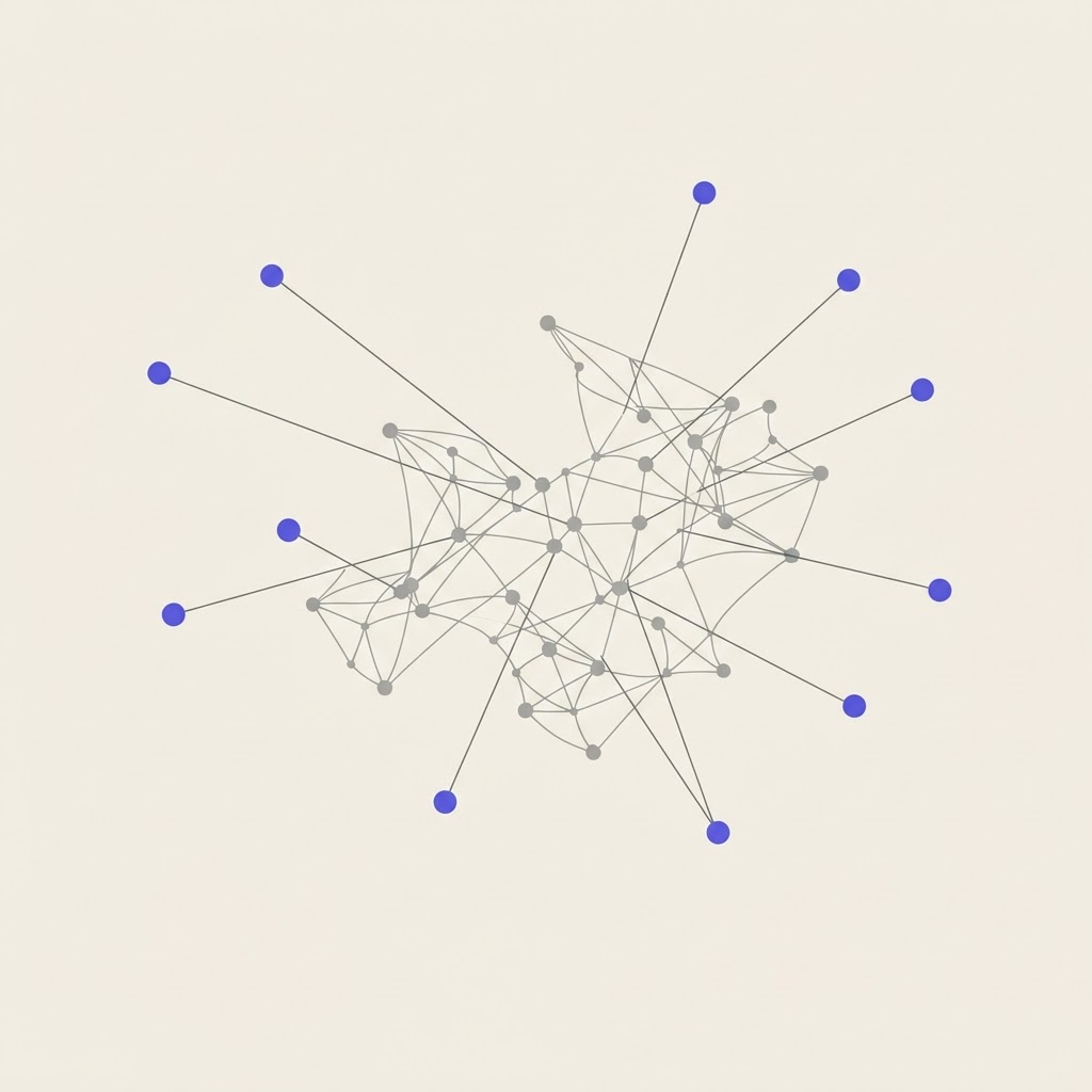 A minimalist editorial illustration on a cream background showing an abstract network of connected nodes with blue accents, representing how AI answer engines synthesize and cite multiple sources. The clean vector graphic conveys generative engine optimization without literal robot imagery.