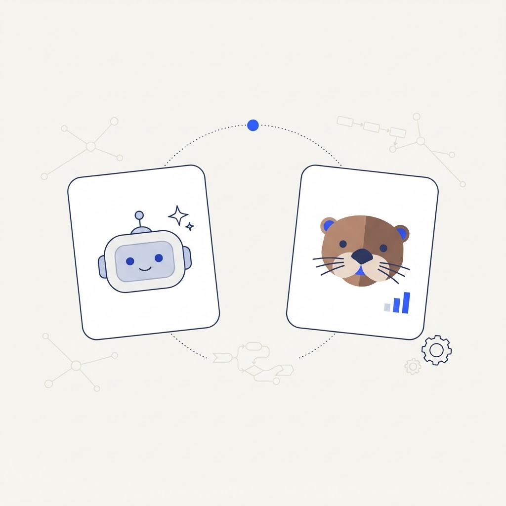 Illustration éditoriale minimaliste comparant Operato AI et Otterly : un panneau robot bleu et un panneau loutre sur fond crème, reliés par une ligne pointillée avec un cercle, avec des nœuds d'agents IA et des accents de flux
