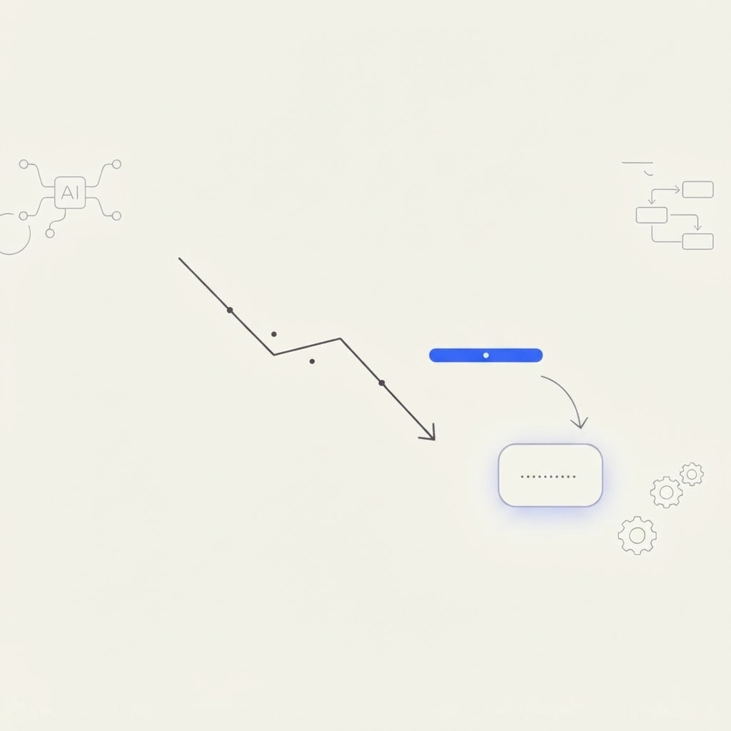 Minimalist editorial illustration on a cream background with blue accents showing a downward-sloping traffic line graph beside a stable, flat ranking-position marker, with a small AI answer box absorbing a click arrow, symbolizing traffic dropping while search rankings stay flat as clicks shift to AI Overviews.