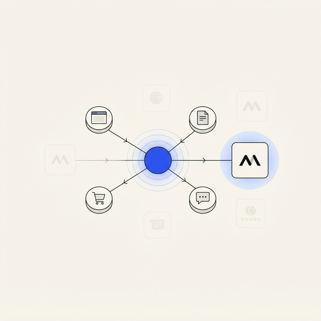 Editorial illustration of a central blue AI model connected by thin lines to small autonomous agent nodes performing actions, with one highlighted brand card glowing among faded competitors, symbolizing how GPT-6.1 Terra agents decide which brand gets recommended.