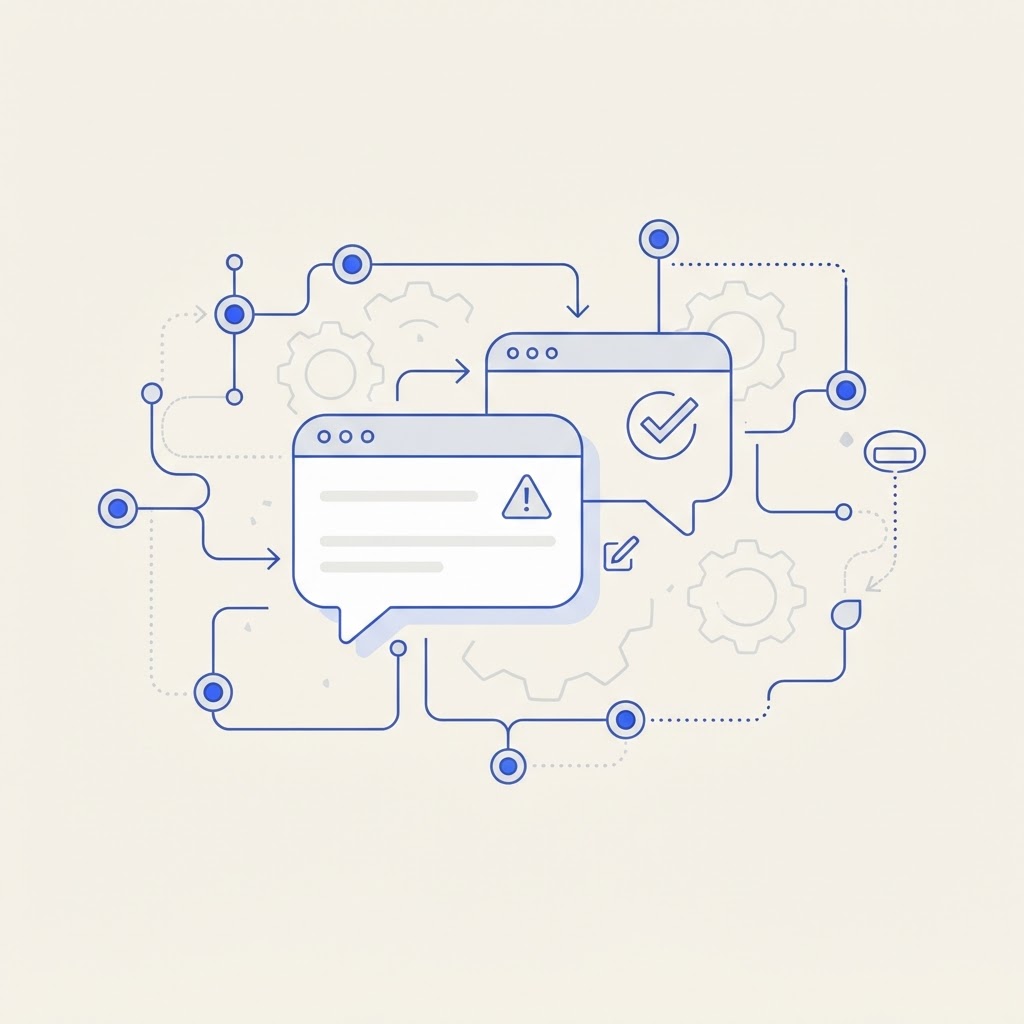 Minimalist editorial illustration on a cream background with blue linework showing a network of AI-agent nodes and automation gears, with a chat speech bubble containing a warning mark being corrected into a checkmark, representing the process of fixing wrong information AI generated about a brand.