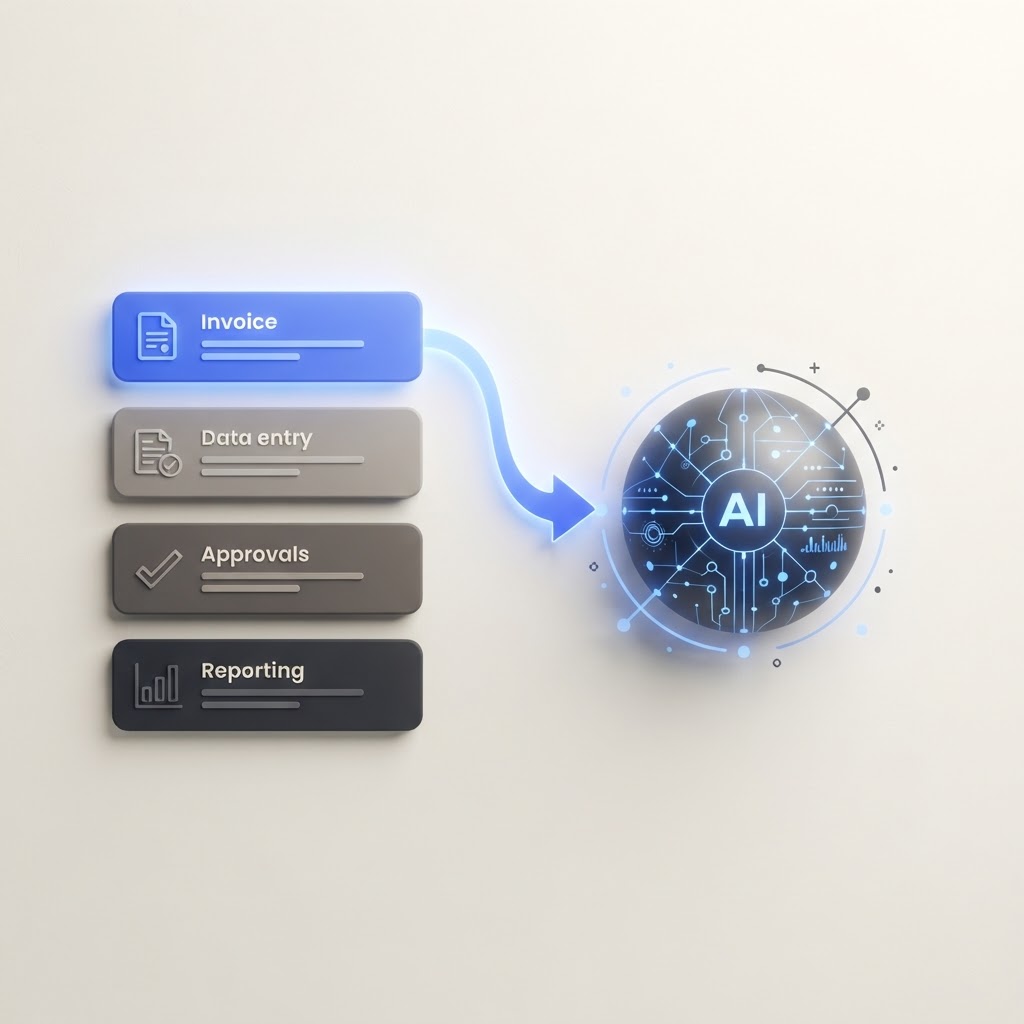 Quels processus automatiser en premier — liste de tâches avec une priorisée et un nœud IA sur fond crème.