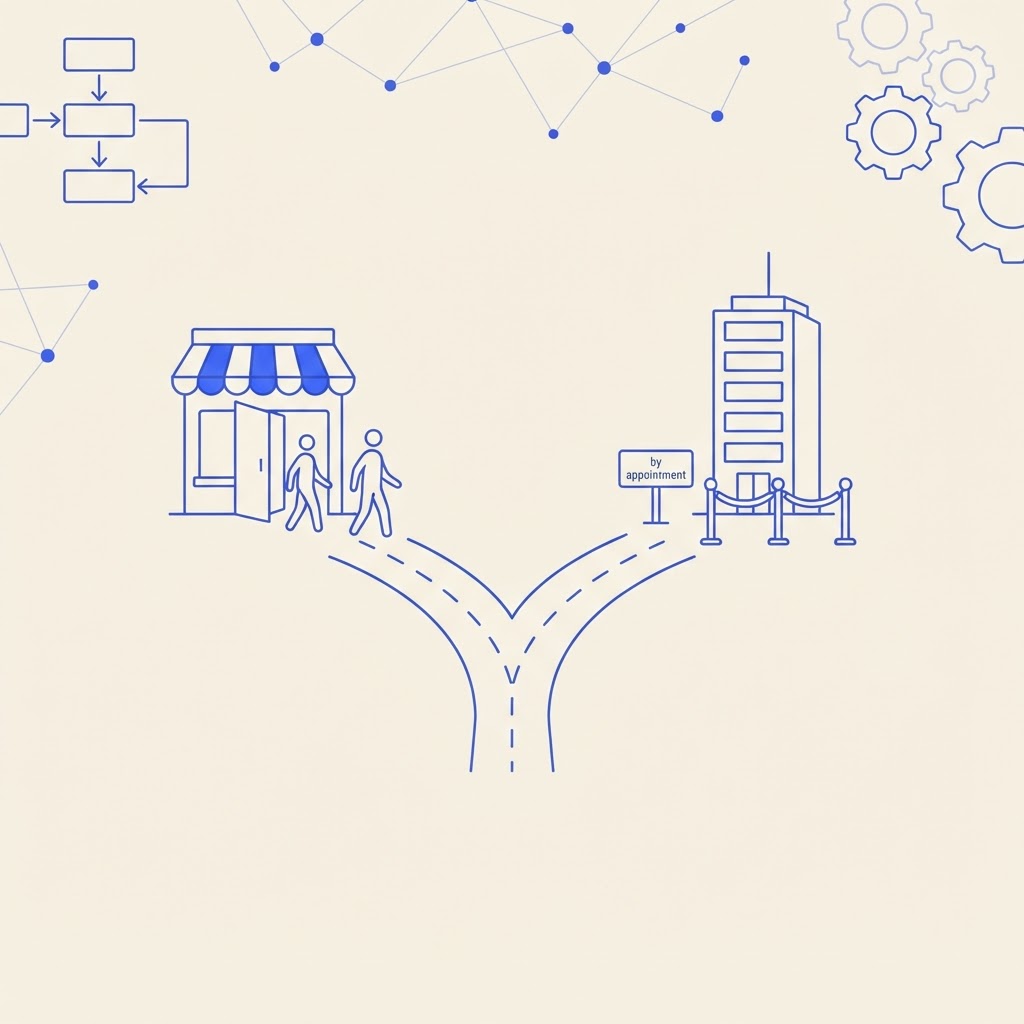 Illustration éditoriale minimaliste d'une fourche sur un chemin sur fond crème avec des accents bleus : un chemin mène à une devanture de magasin ouverte et accueillante, l'autre à une tour d'entreprise derrière un cordon de velours marqué rendez-vous uniquement, symbolisant l'expérience d'achat en self-serve d'Operato AI face au modèle de contact commercial des outils entreprise comme Brandlight.