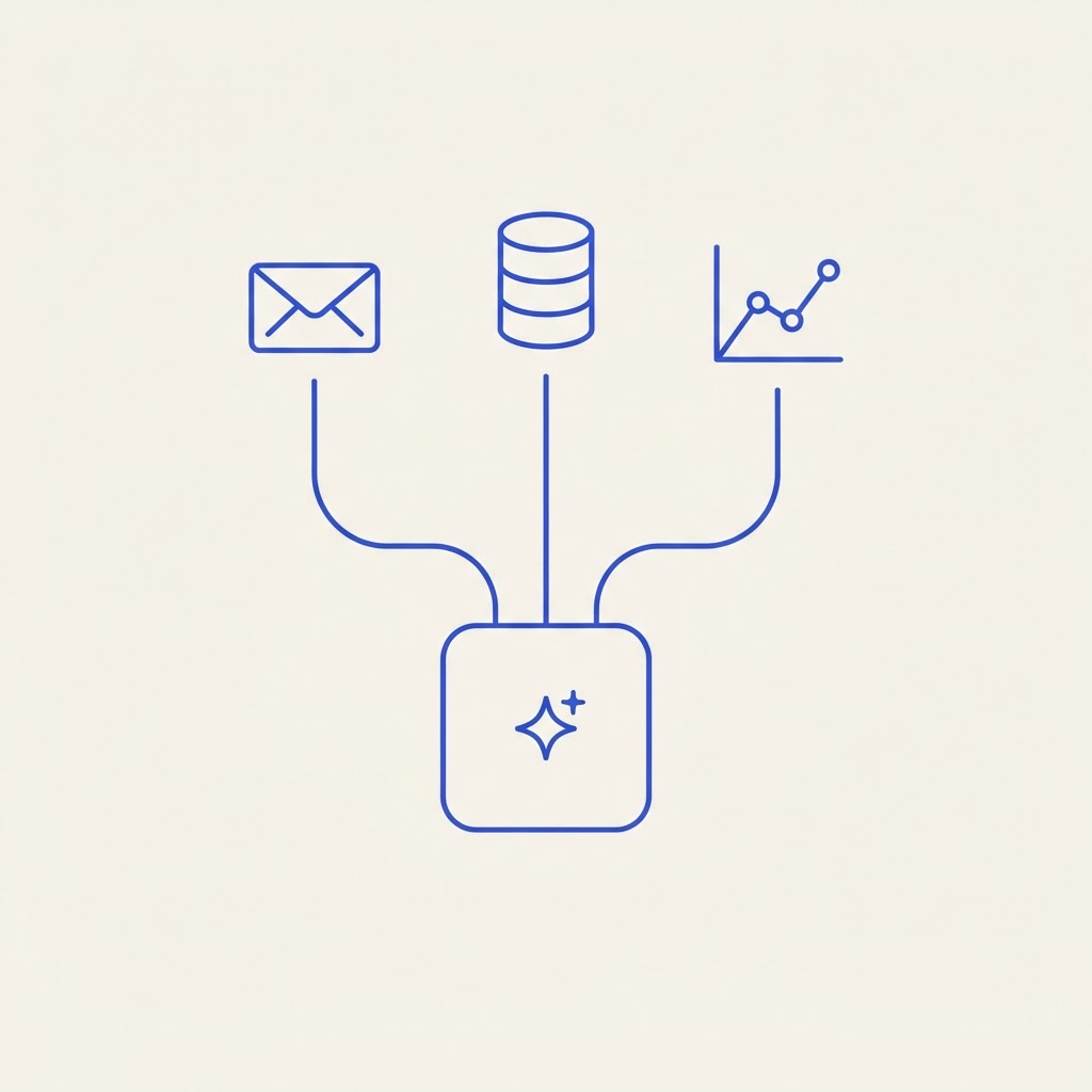 A minimalist illustration of an autonomous agent node branching out to act on an envelope, database, and chart, in blue line icons on a cream background.