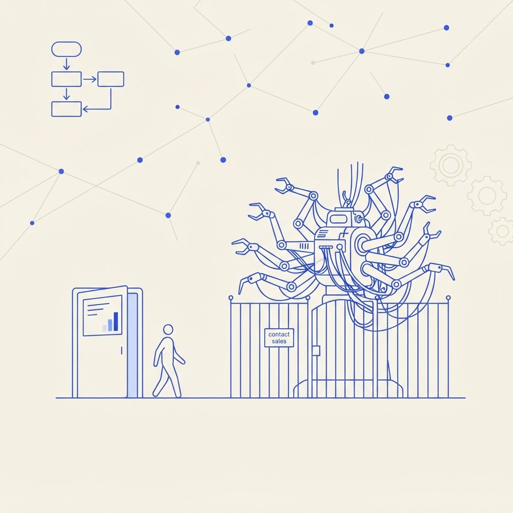Minimalist editorial illustration on a cream background with blue accents contrasting two products: a large, complex automated agent hub with many arms and dense connections locked behind a contact-sales gate, versus a small, simple dashboard a lone marketer can walk up to and use immediately, symbolizing Operato AI's self-serve clarity for growing brands against Profound's enterprise agent platform.