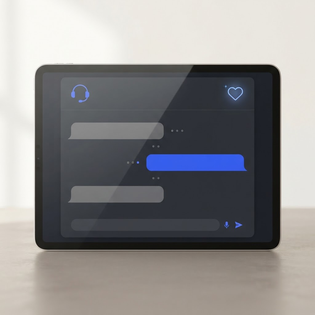 Chatbot IA service client — interface de chatbot sur écran avec icône de casque et cœur de satisfaction client sur fond crème.