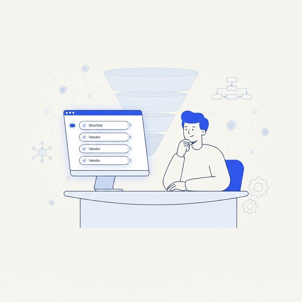 Illustration éditoriale minimaliste montrant un acheteur B2B utilisant un assistant de chat IA pour présélectionner discrètement des fournisseurs avant de visiter le site d'une entreprise, avec un entonnoir de vente en arrière-plan.