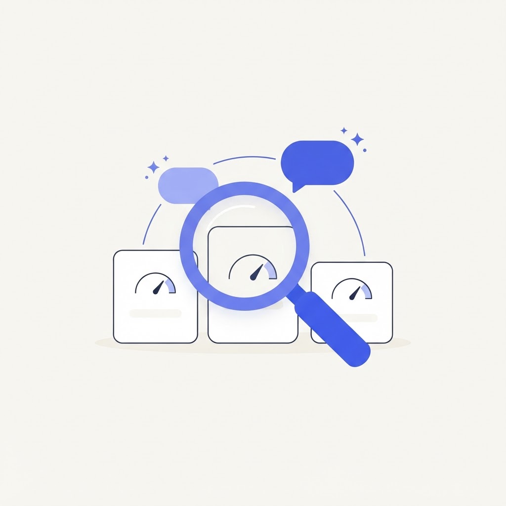 Illustration of a magnifying glass comparing abstract tool cards under AI assistant chat bubbles, representing a comparison of AI visibility tools that track which brands ChatGPT, Claude, Gemini and Perplexity recommend.