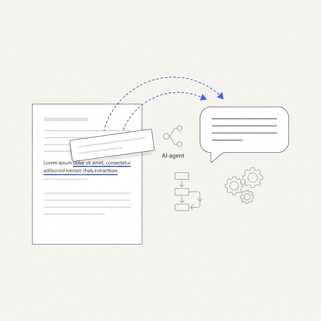 A minimalist editorial illustration on a cream background with blue accents showing AI-agent nodes, workflow flowcharts, and automation gears alongside a blog-post page whose highlighted quotable sentence is lifted out and synthesized into an AI chat answer bubble, symbolizing content structured so AI assistants can extract and cite it.