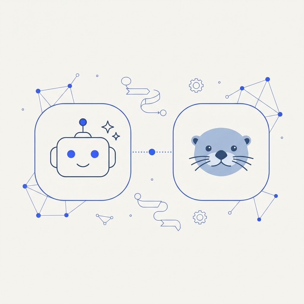 Minimalist editorial illustration comparing Operato AI and Otterly: a friendly blue robot panel and an otter panel on a cream background, joined by a dotted line with a circle, with AI agent nodes and flowchart accents