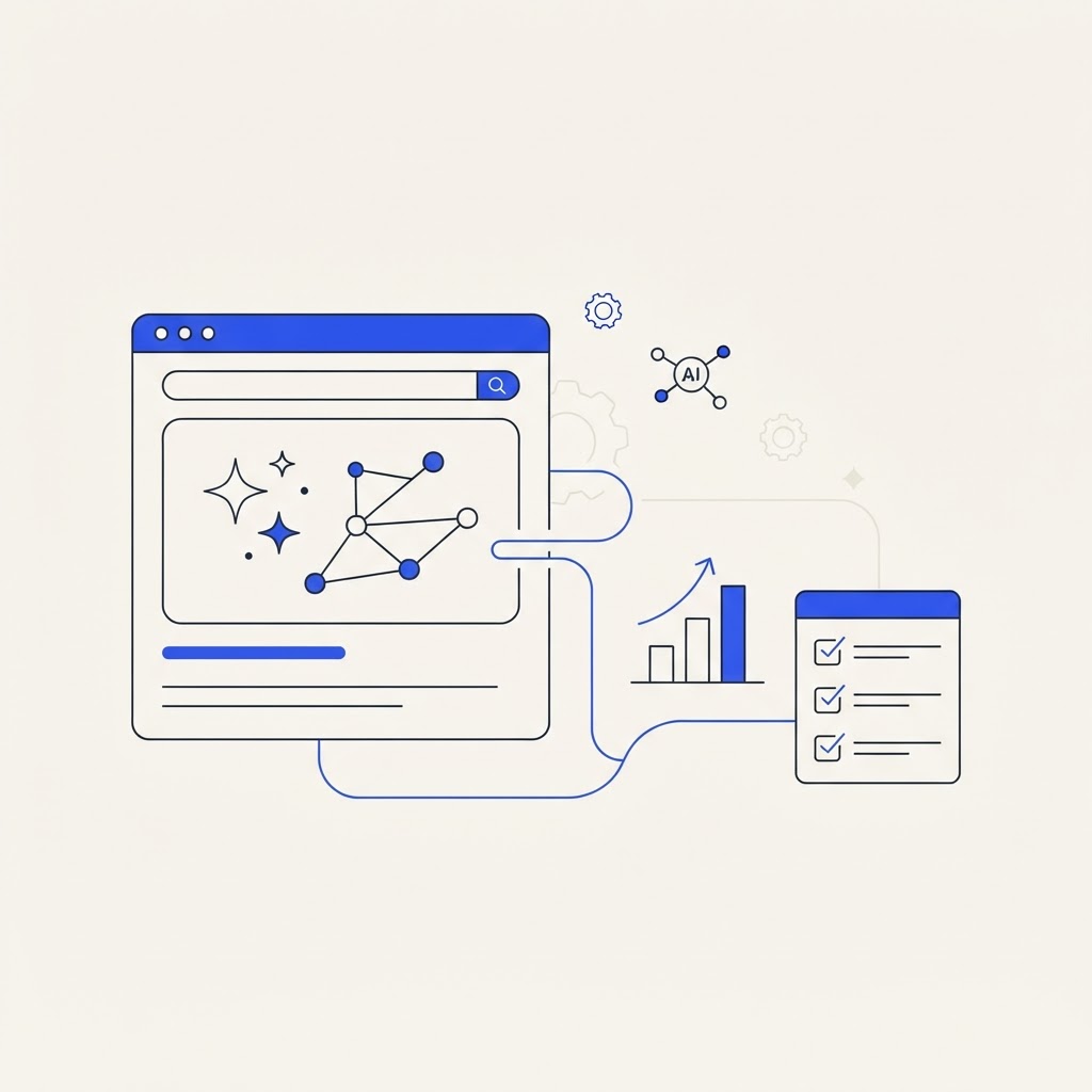 Editorial illustration: a generative AI answer window linked by flowing lines to a chart and a checklist, on a cream background with blue accents