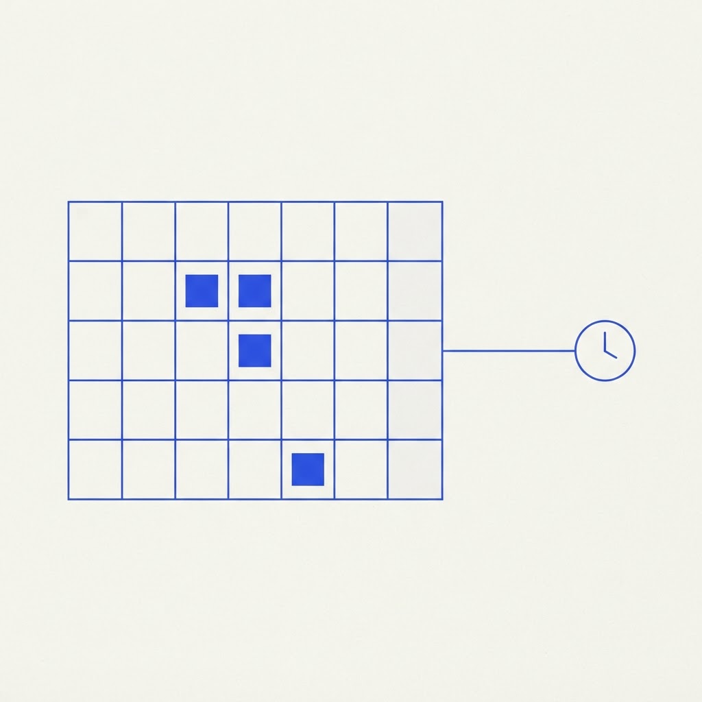 Illustration minimaliste d'une grille de calendrier avec des créneaux mis en évidence à côté d'une horloge, en icônes linéaires bleues sur fond crème.