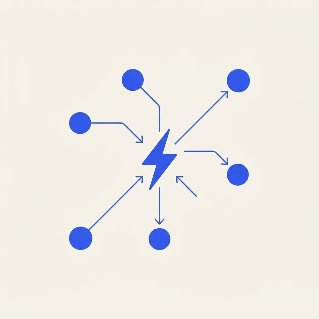 Illustration minimaliste de nœuds interconnectés formant une chaîne d'automatisation ramifiée avec une étincelle centrale, en icônes linéaires bleues sur fond crème.