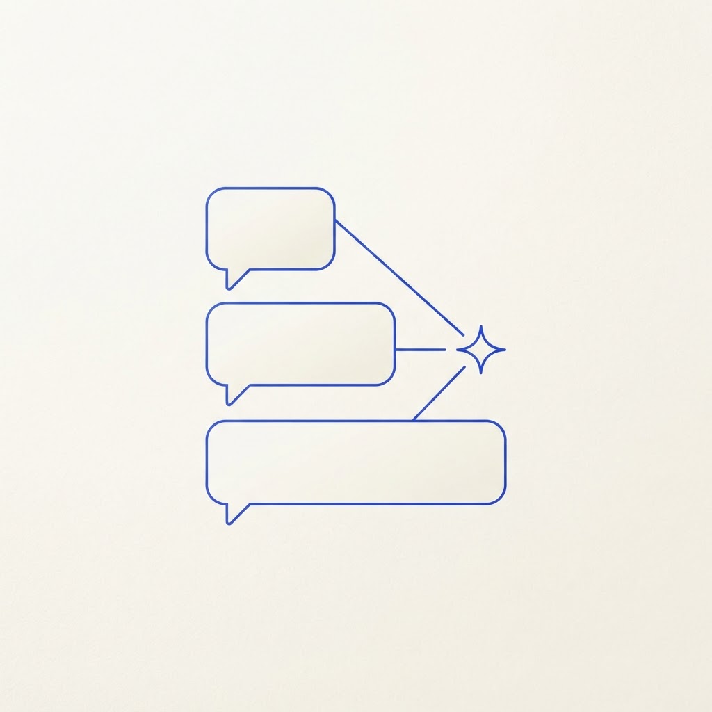 Illustration minimaliste de bulles de chat empilées avec un nœud étincelle central, en icônes linéaires bleues sur fond crème.