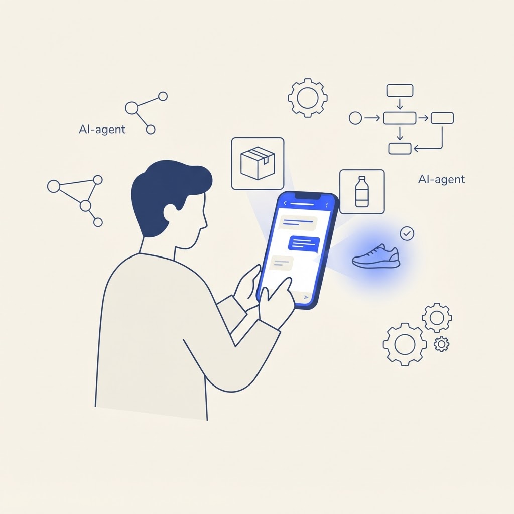 Illustration éditoriale minimaliste de l'automatisation IA pour la découverte produit e-commerce : l'interface de chat d'un acheteur entourée d'icônes de produits dont un est mis en avant par une recommandation IA, connectée à des nœuds agents IA, des organigrammes de flux de travail et des engrenages d'automatisation sur fond crème avec accents bleus, symbolisant comment les assistants IA shopping choisissent les produits à recommander.