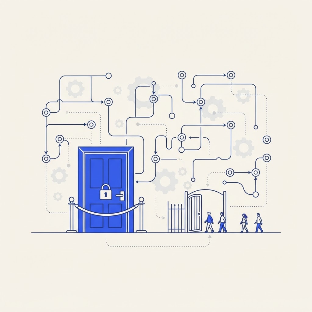 Minimalist editorial illustration on a cream background with blue linework showing a network of AI-agent nodes, workflow flowcharts, and automation gears, with a large locked and velvet-roped enterprise door contrasted against a small open, accessible gate that a few simple human figures can walk through, symbolizing self-serve AI visibility tools closing off while an alternative stays open for growing teams.