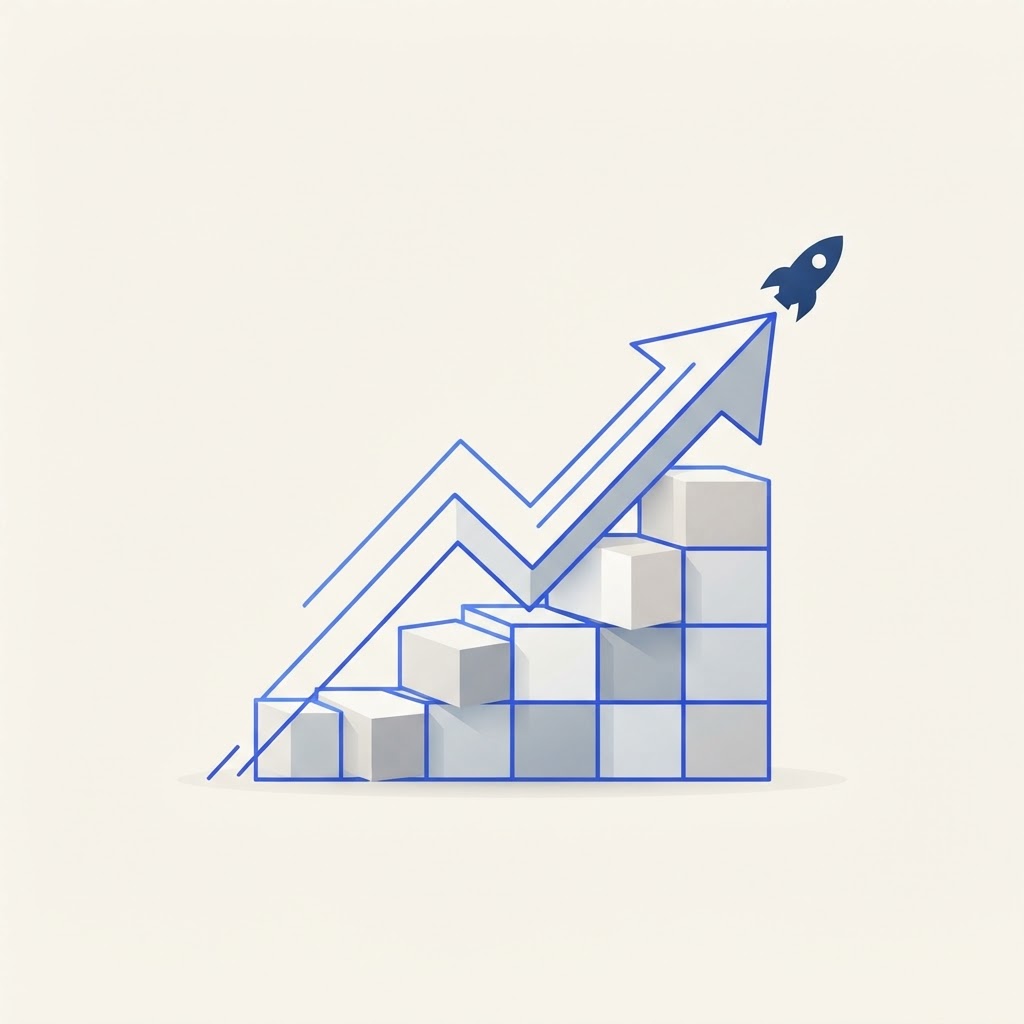 Illustration minimaliste de blocs empilés formant une flèche de croissance ascendante avec une petite fusée, en icônes linéaires bleues sur fond crème.