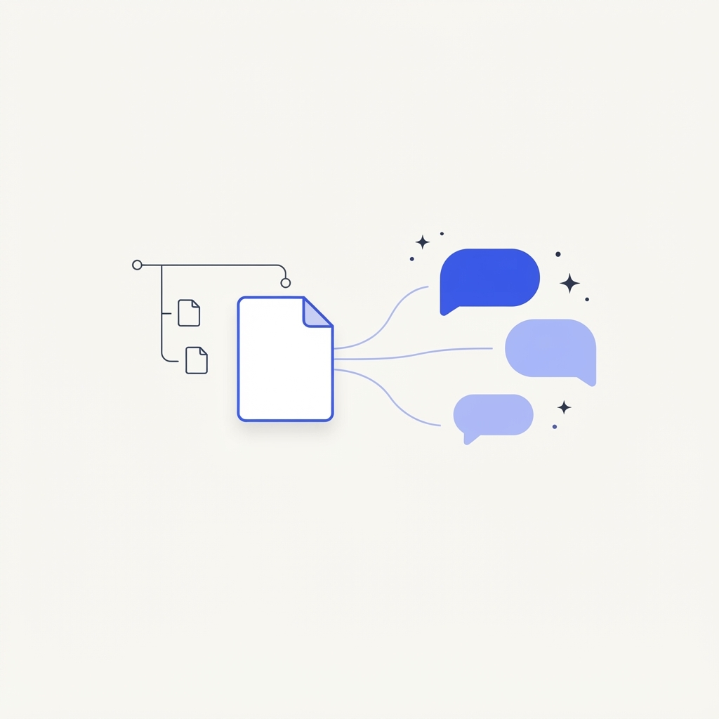 Illustration of an llms.txt file at the root of a website, connected to AI assistant chat bubbles, showing how a site can hand a short summary and reading list to language models.