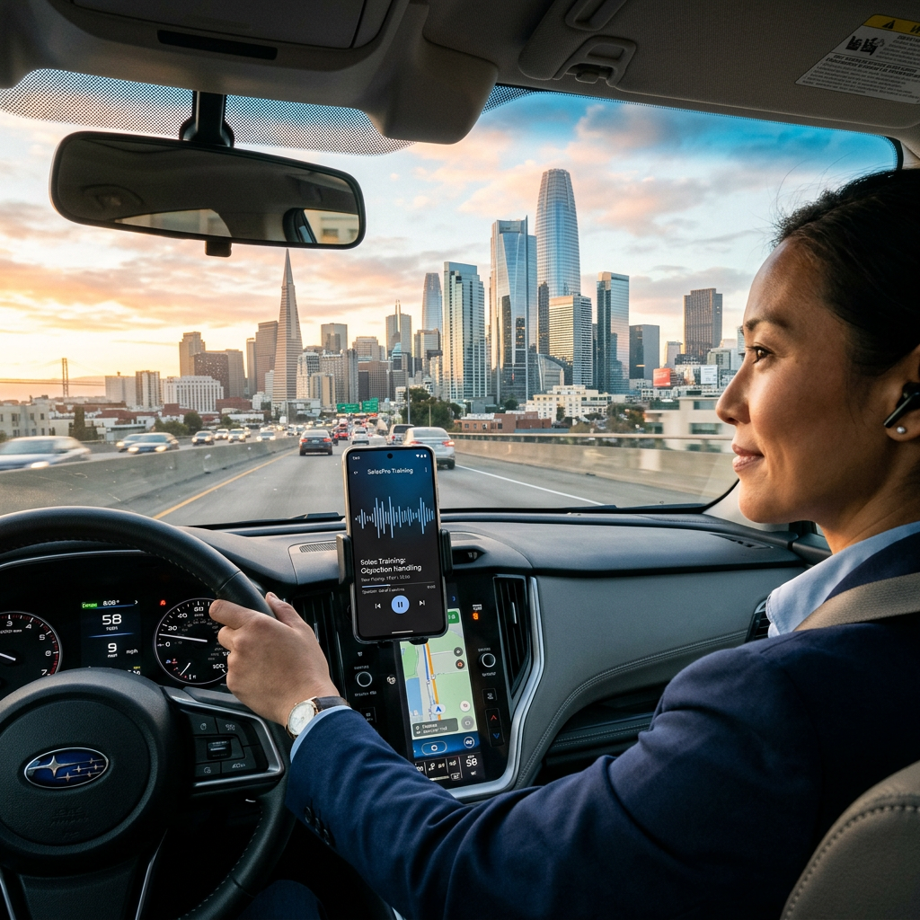 Salesperson driving into city with phone mounted on dashboard