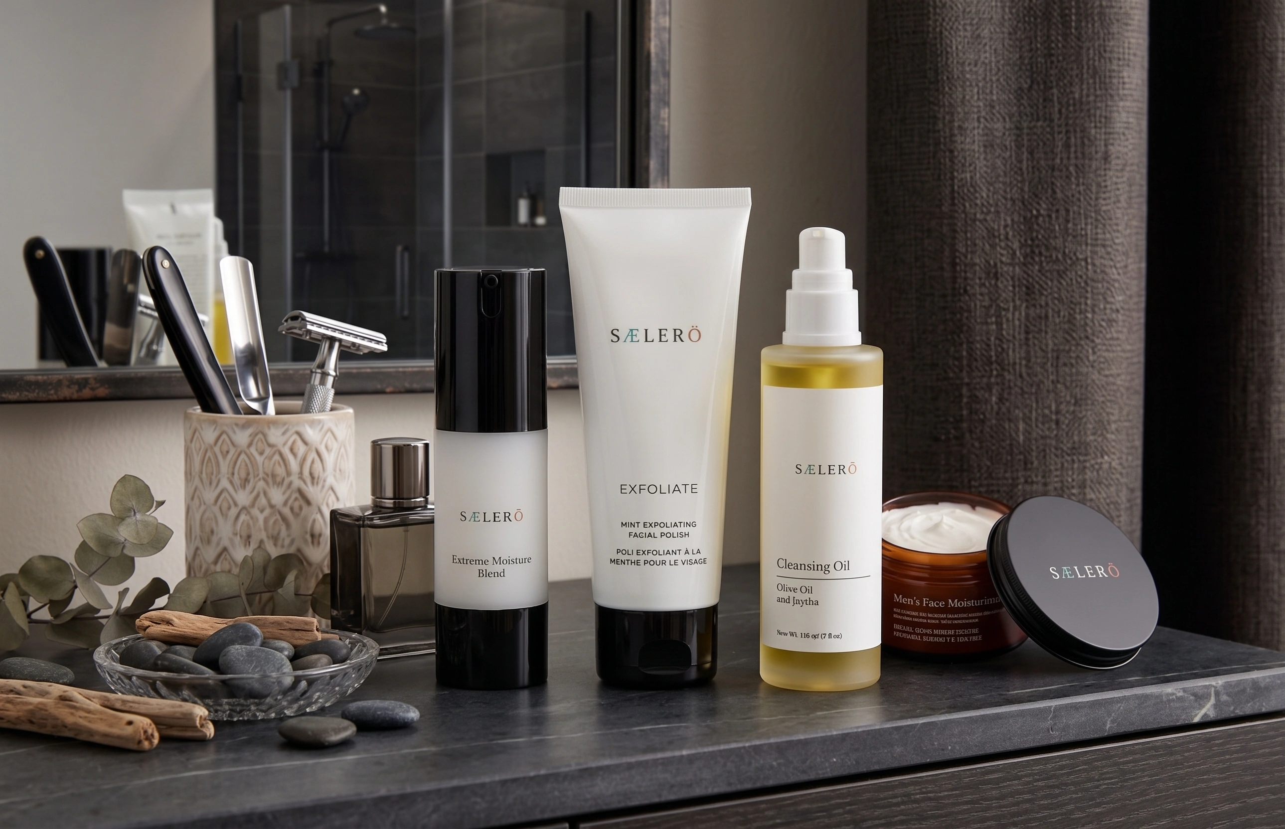 SÆLERÖ men's skincare ritual on a bathroom counter