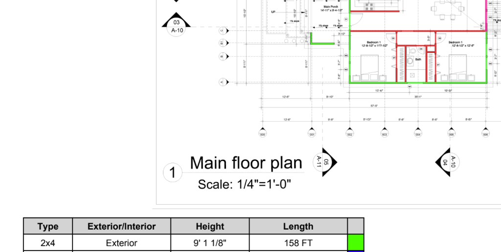 Main floor plan with wall framing schedule