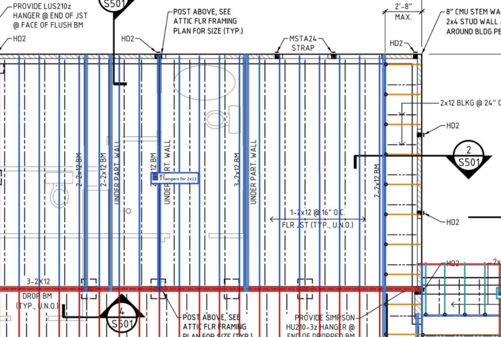 Floor framing plan markup with hangers and beams