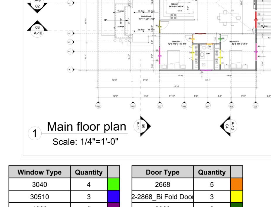 Main floor plan with window and door schedule