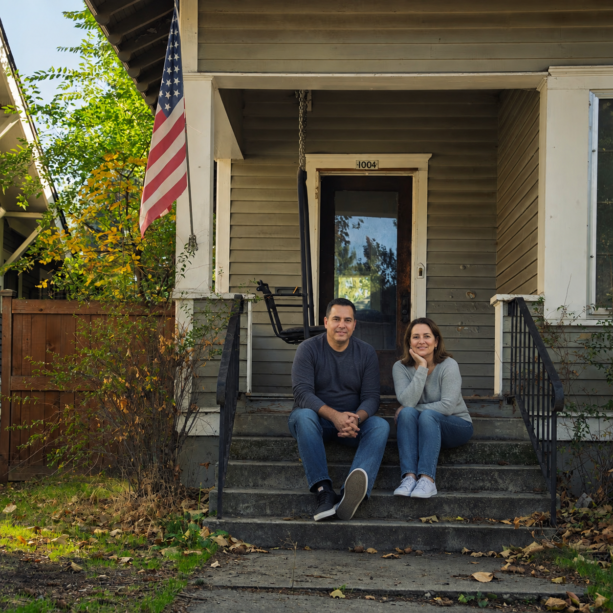Sellers on the front steps of their home