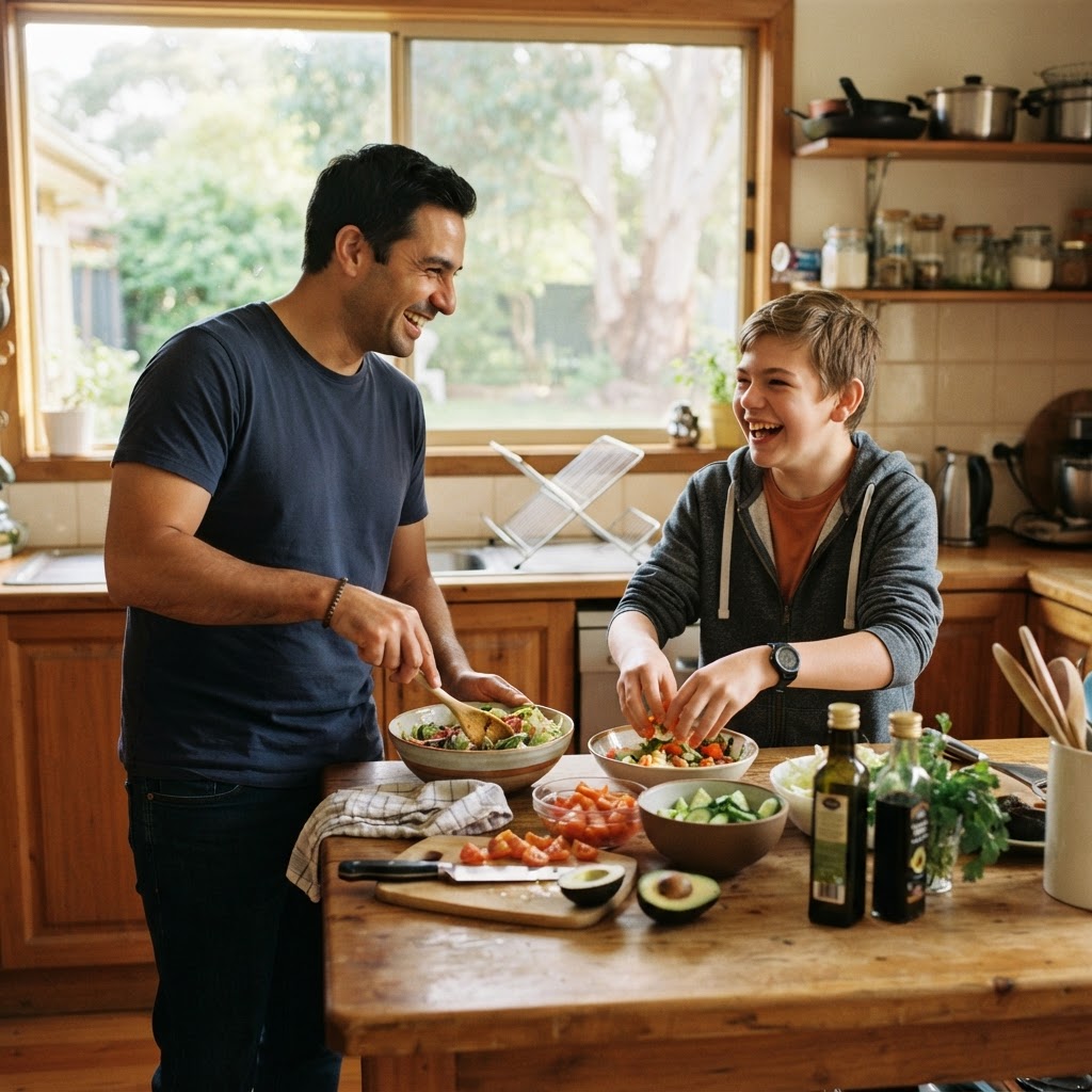 A support worker and a young person laughing while preparing food together in a warm, sunlit Australian kitchen
