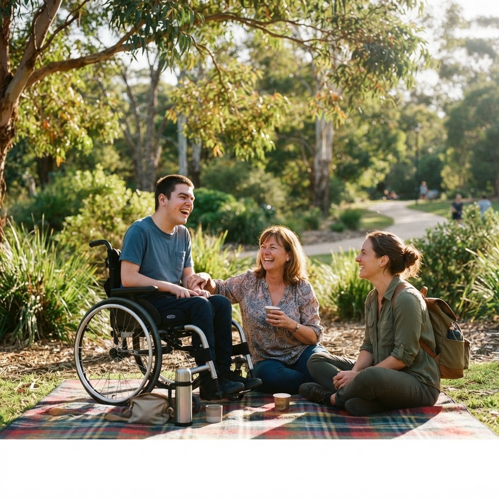 A family, a support worker and a young man in a wheelchair laughing together on a picnic rug in a green Australian park