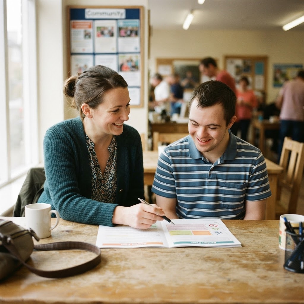 A behaviour support practitioner and a smiling man reviewing a document together at a bright community table