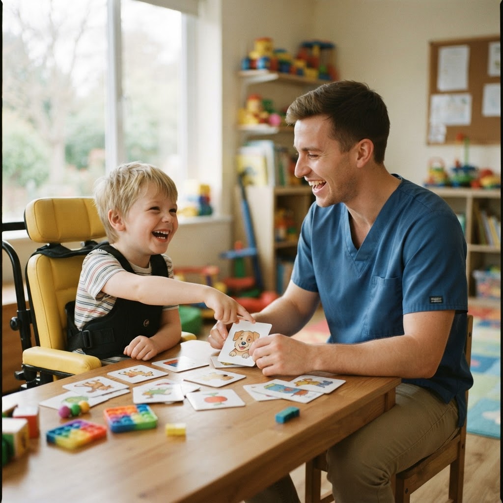 An allied health therapist and a smiling child working together at a therapy table with picture cards