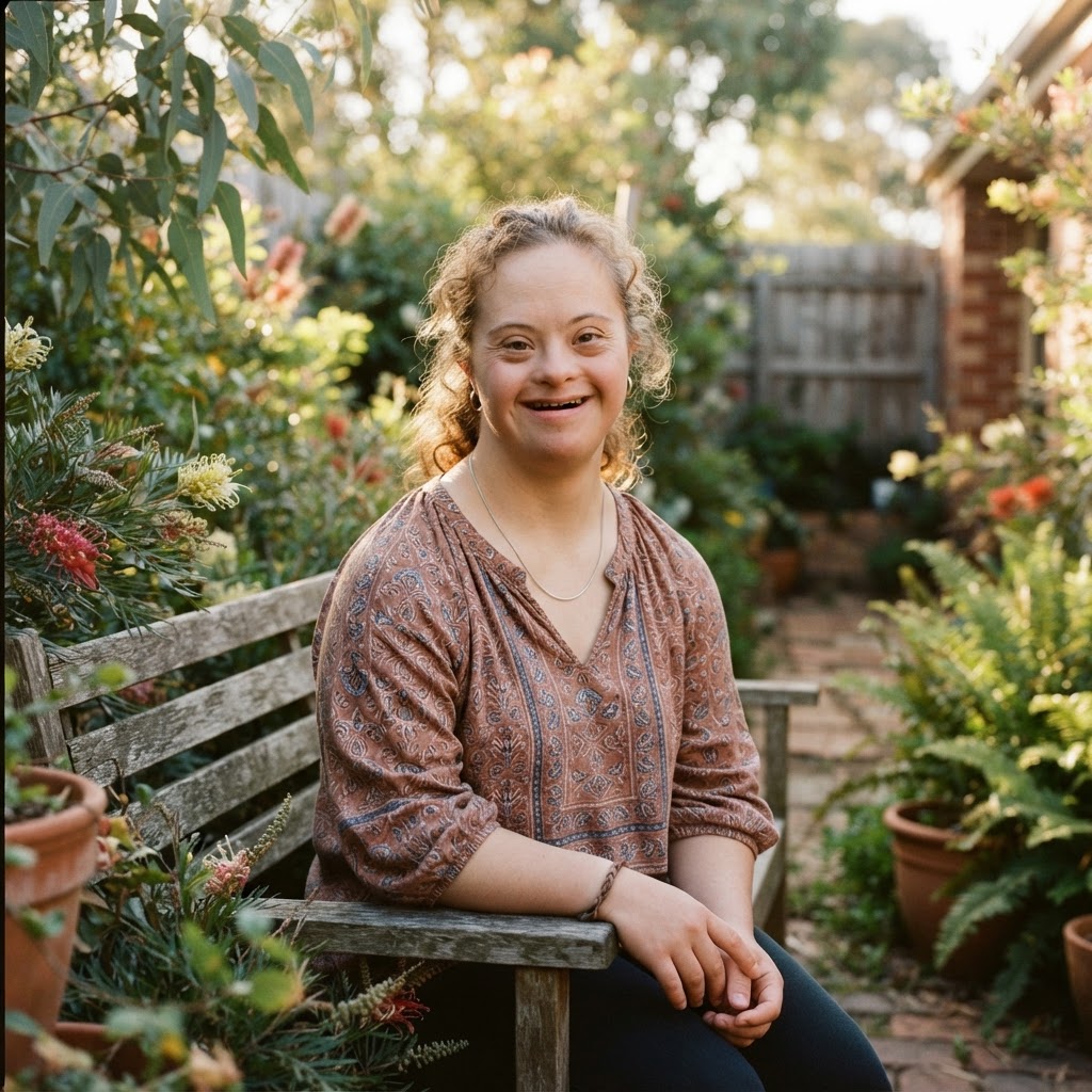 A smiling young woman in a sunlit Australian garden