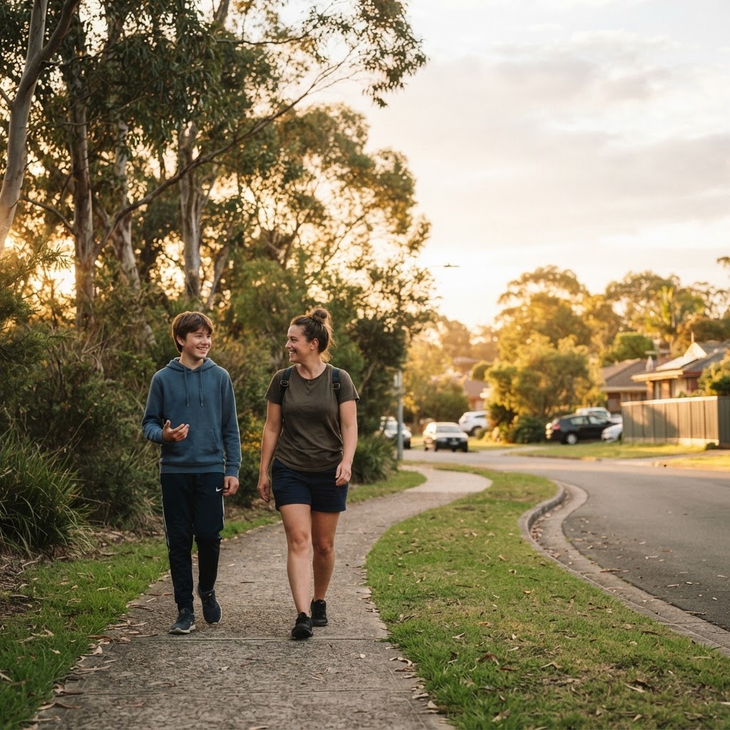 A support worker and a young person walking together along a leafy path at golden hour