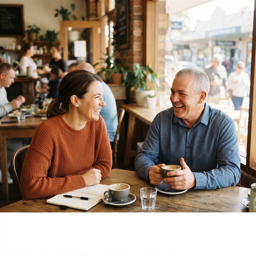A support coordinator talking warmly with a participant at a sunny community cafe table