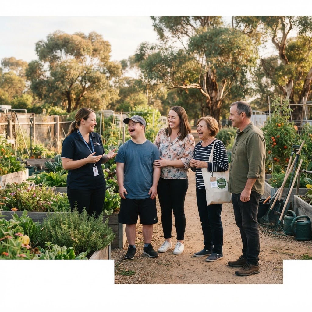 Support workers and family members smiling together at an Australian community garden in soft morning light