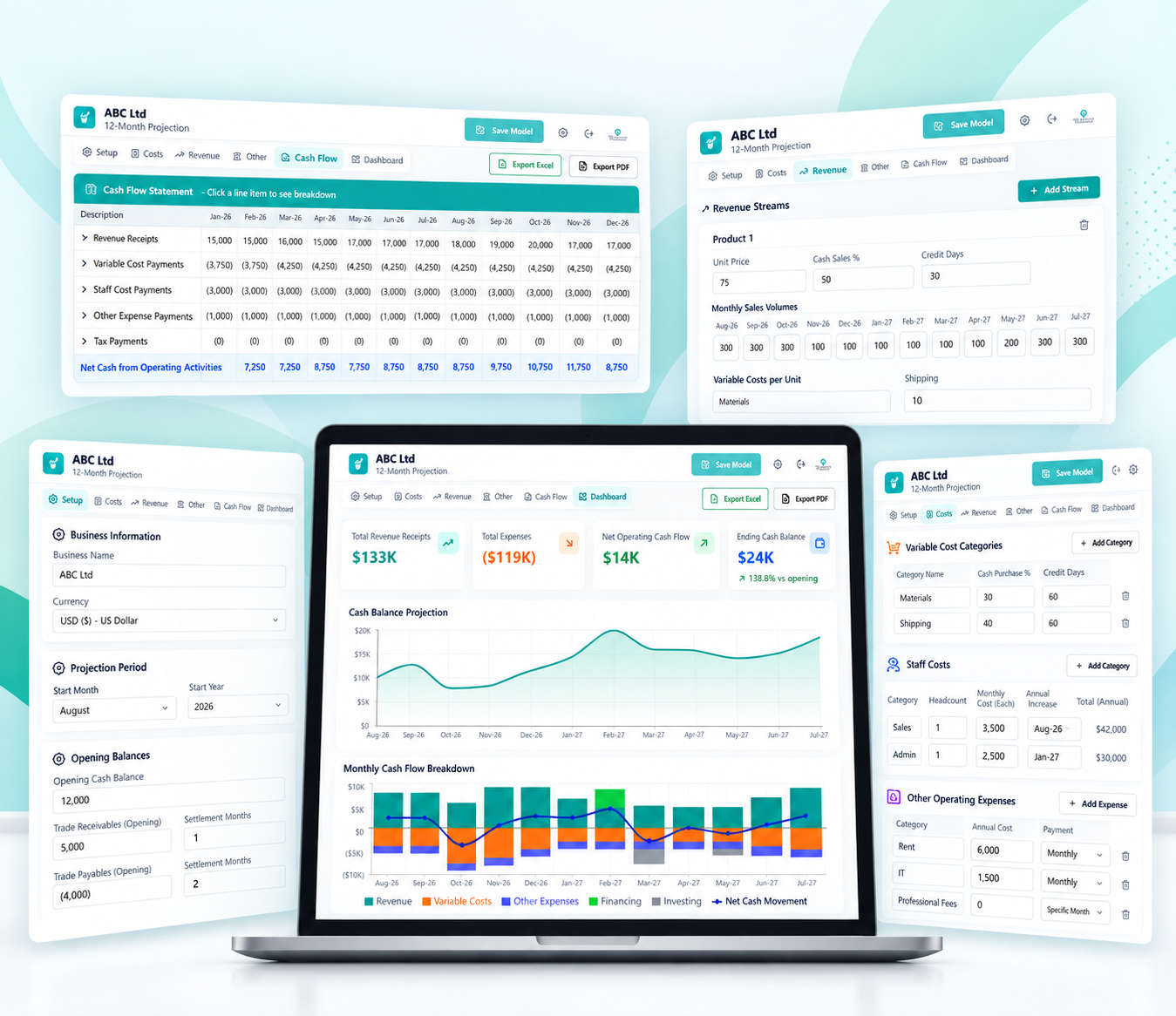 Cash Projection Pro dashboard and setup screens showing a 12-month cash flow forecast