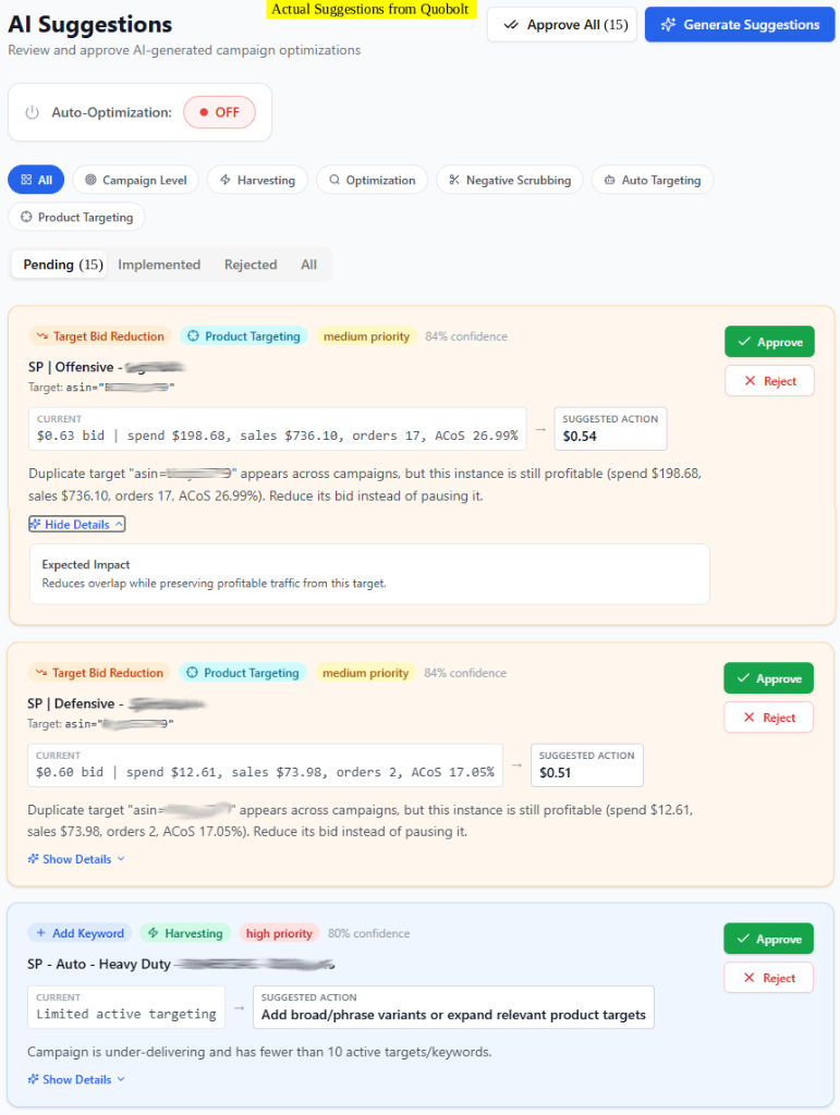 Quobolt AI suggestions screen