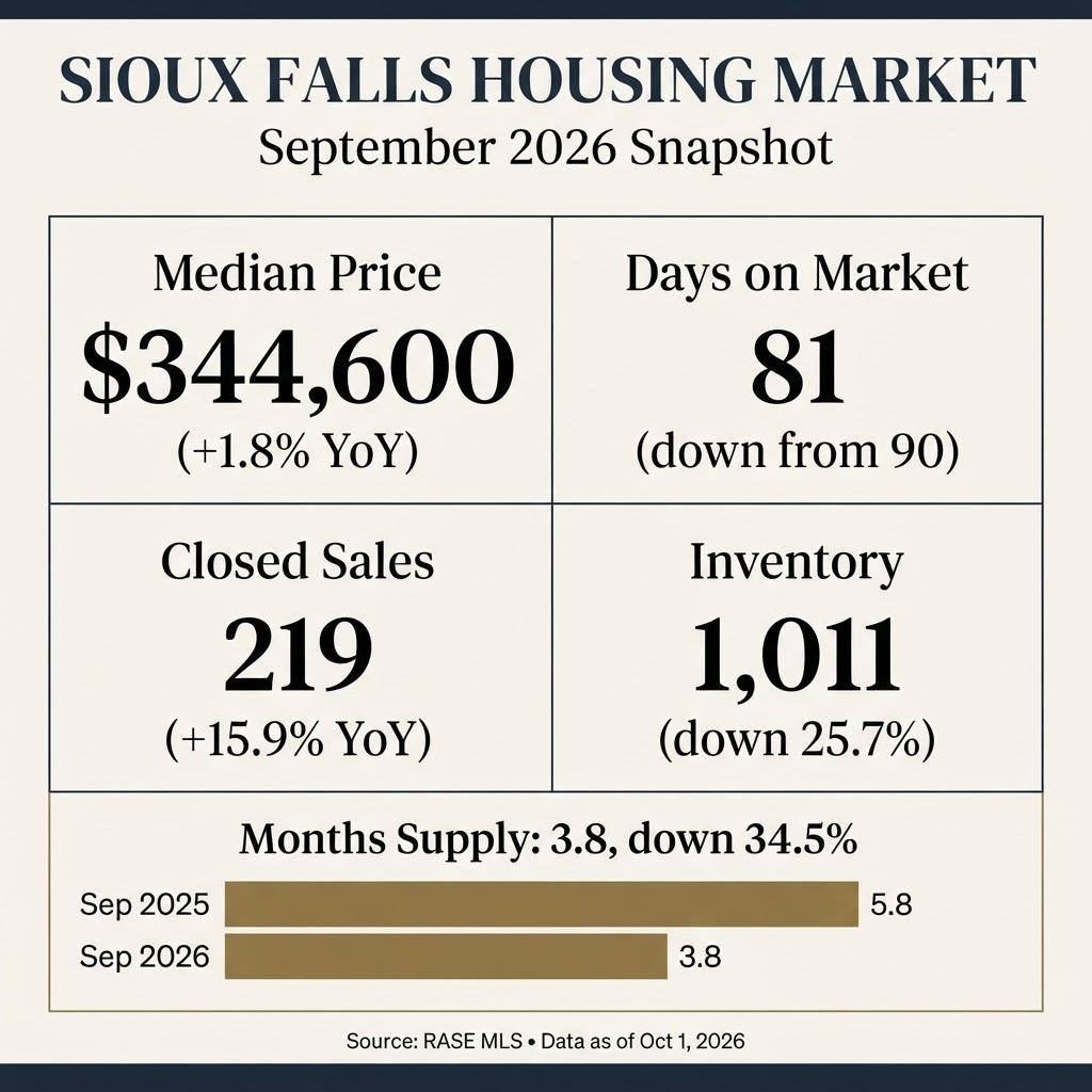 Sioux Falls September 2026 Housing Trends — median $344,600, DOM 81, closed sales up 15.9%, inventory down 25.7%