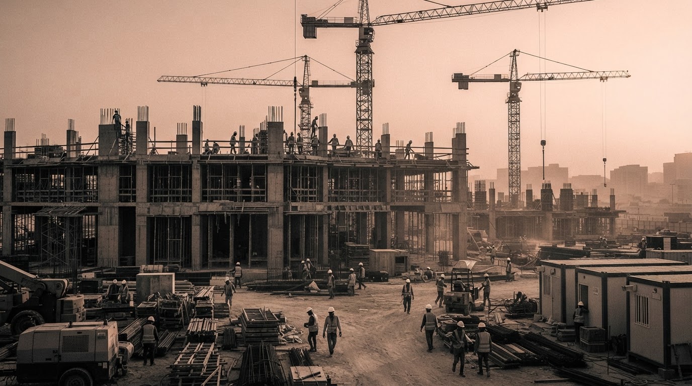 Construction site with cranes and a building taking shape