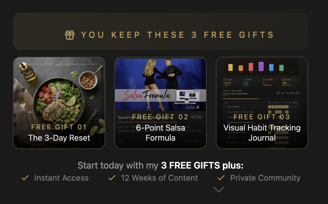 You keep these 3 free gifts — The 3-Day Reset, 6-Point Salsa Formula, and Habit Tracking Journal