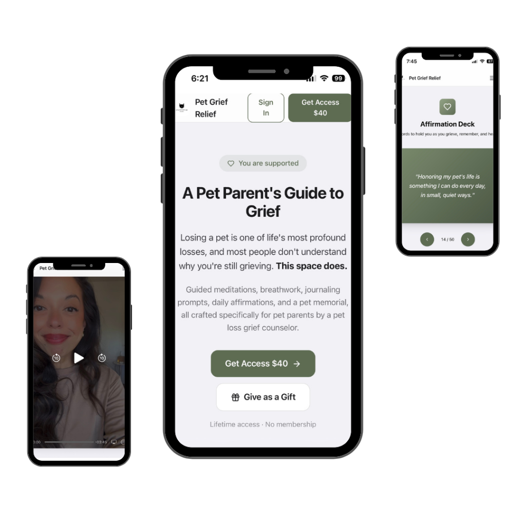 A preview of the Pet Grief Relief app showing meditations and journaling