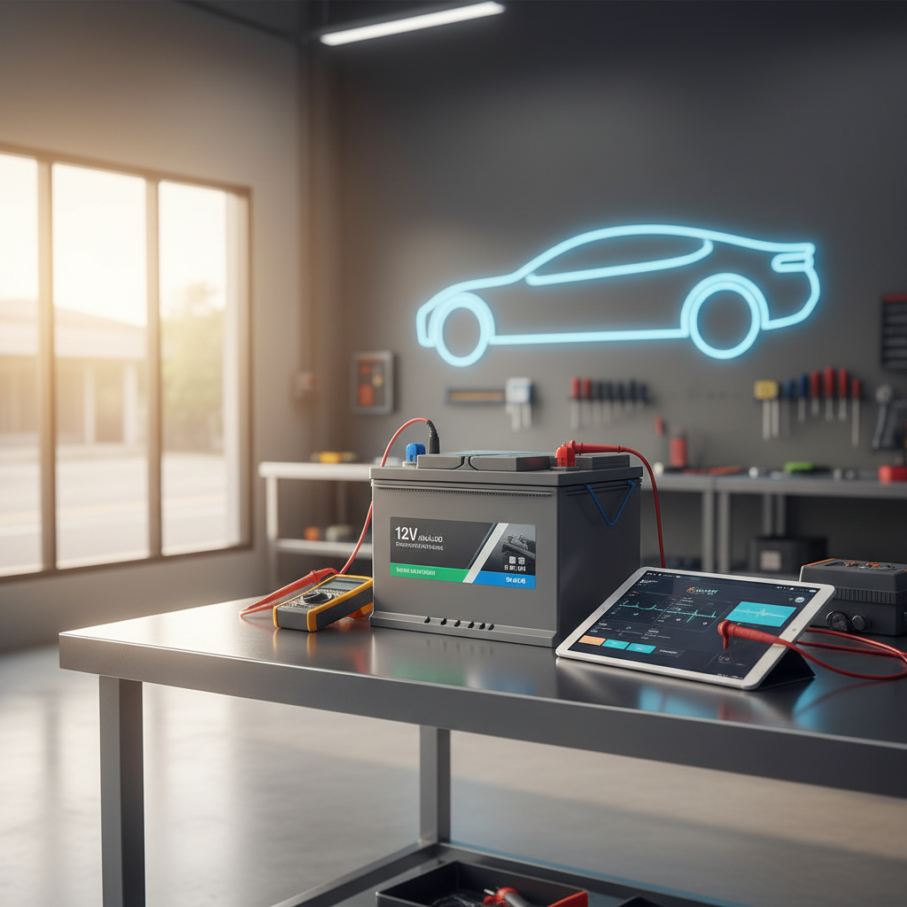 ภาพประกอบบทความแบตเตอรี่ 12V สำหรับรถ EV และรถ Hybrid โดย AI