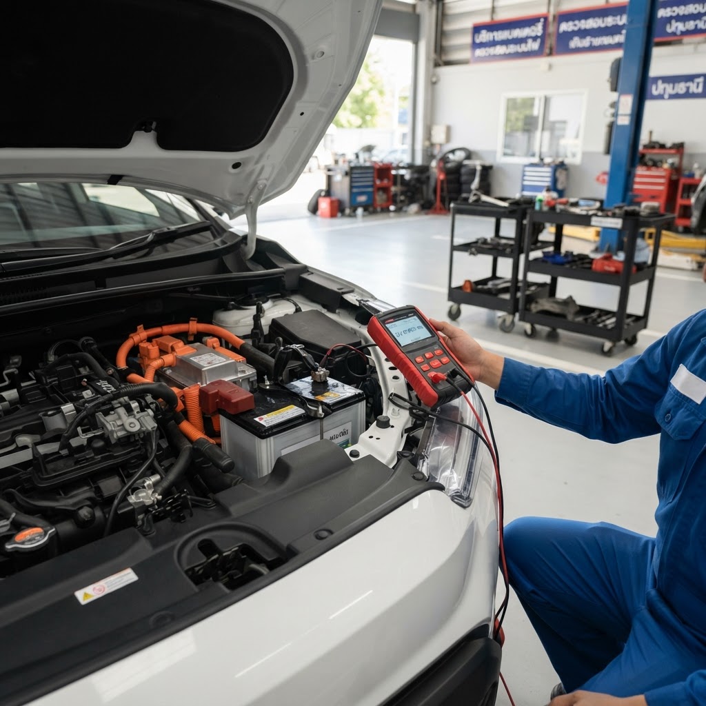 ภาพประกอบบทความ เจาะลึกความเข้าใจ แบตเตอรี่รถ EV และรถ Hybrid สำหรับผู้ใช้รถในปทุมธานี โดย AI สำหรับร้านแบตเตอรี่ปทุมธานี