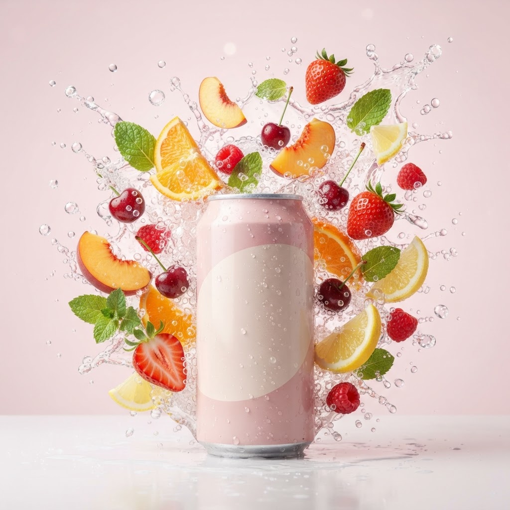 Soda personnalisé entouré de fruits frais