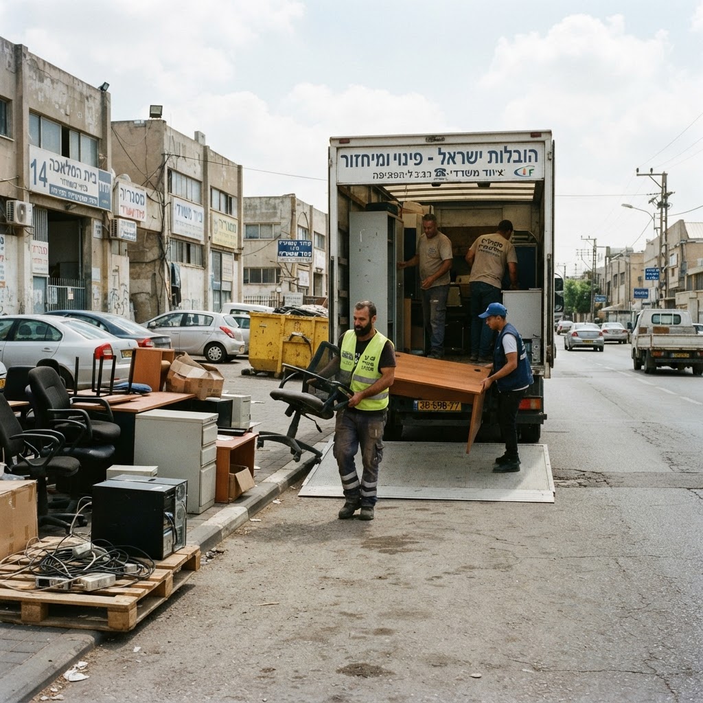 העמסת ריהוט משרדי וציוד על משאית לפינוי