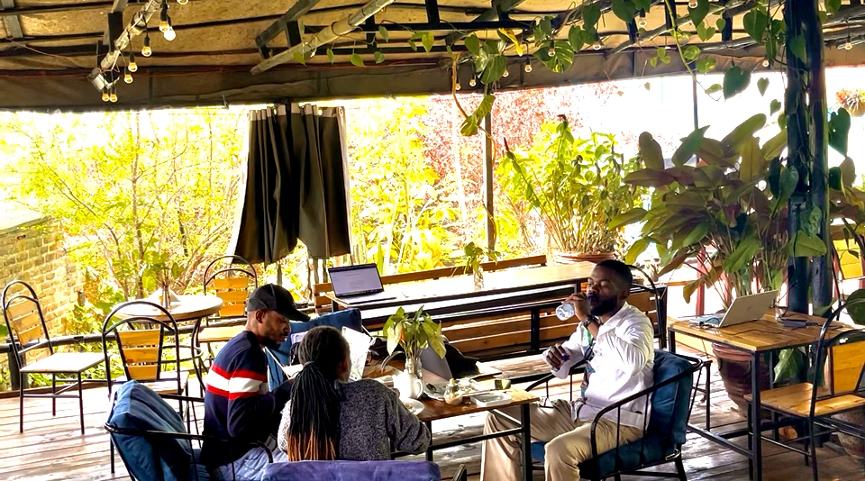 The terrace at Perk & Plate where guests gather