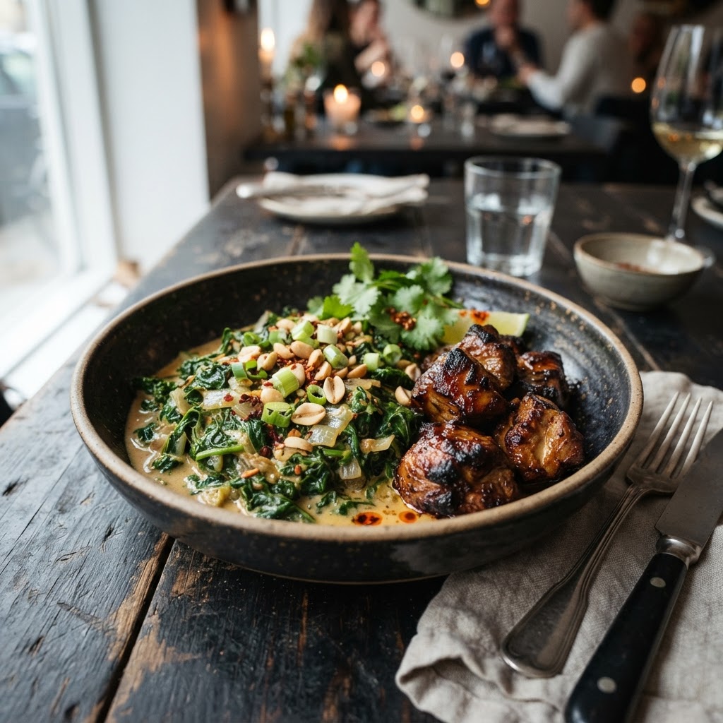 Braised greens in peanut coconut sauce alongside seared meat