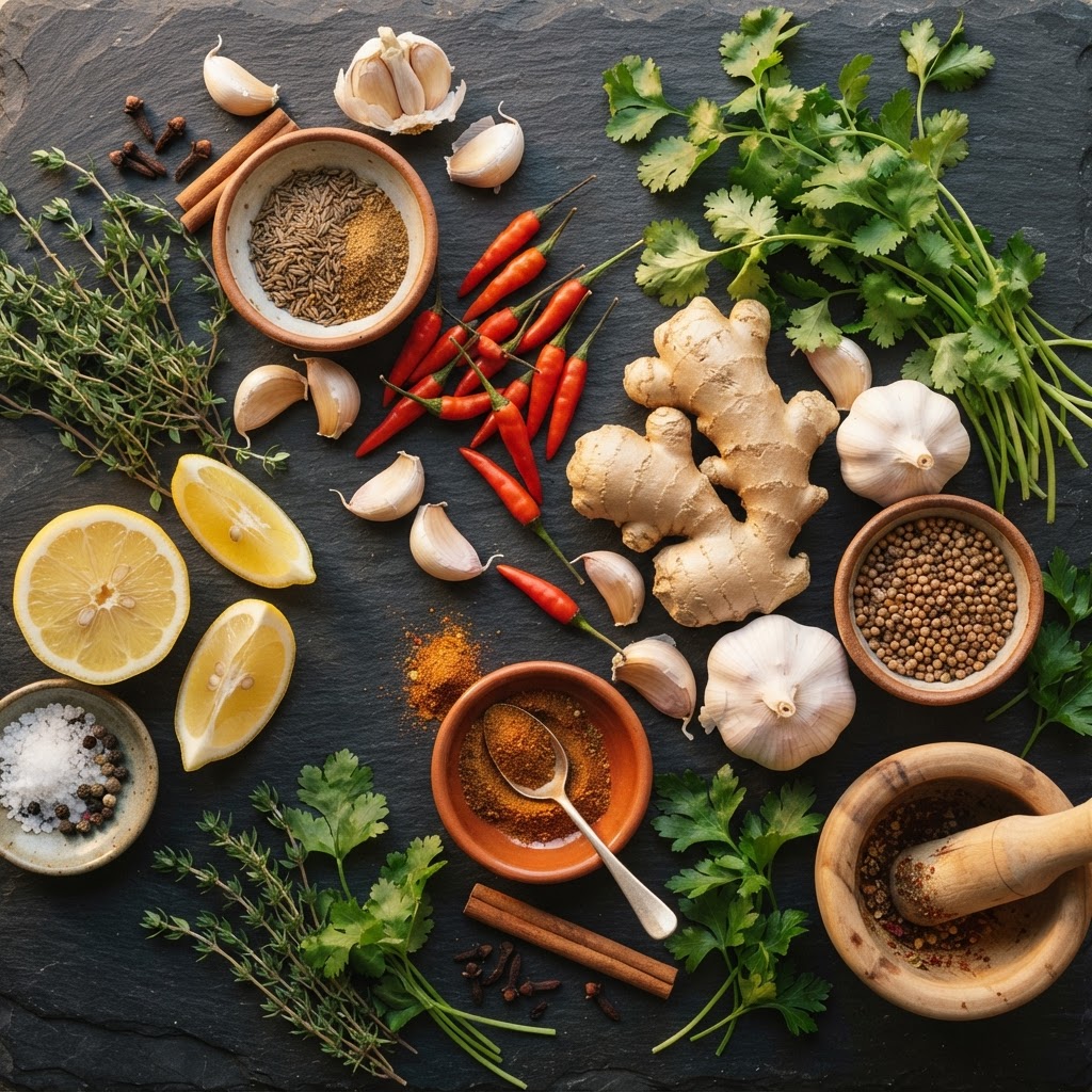 African herbs and spices arranged artfully
